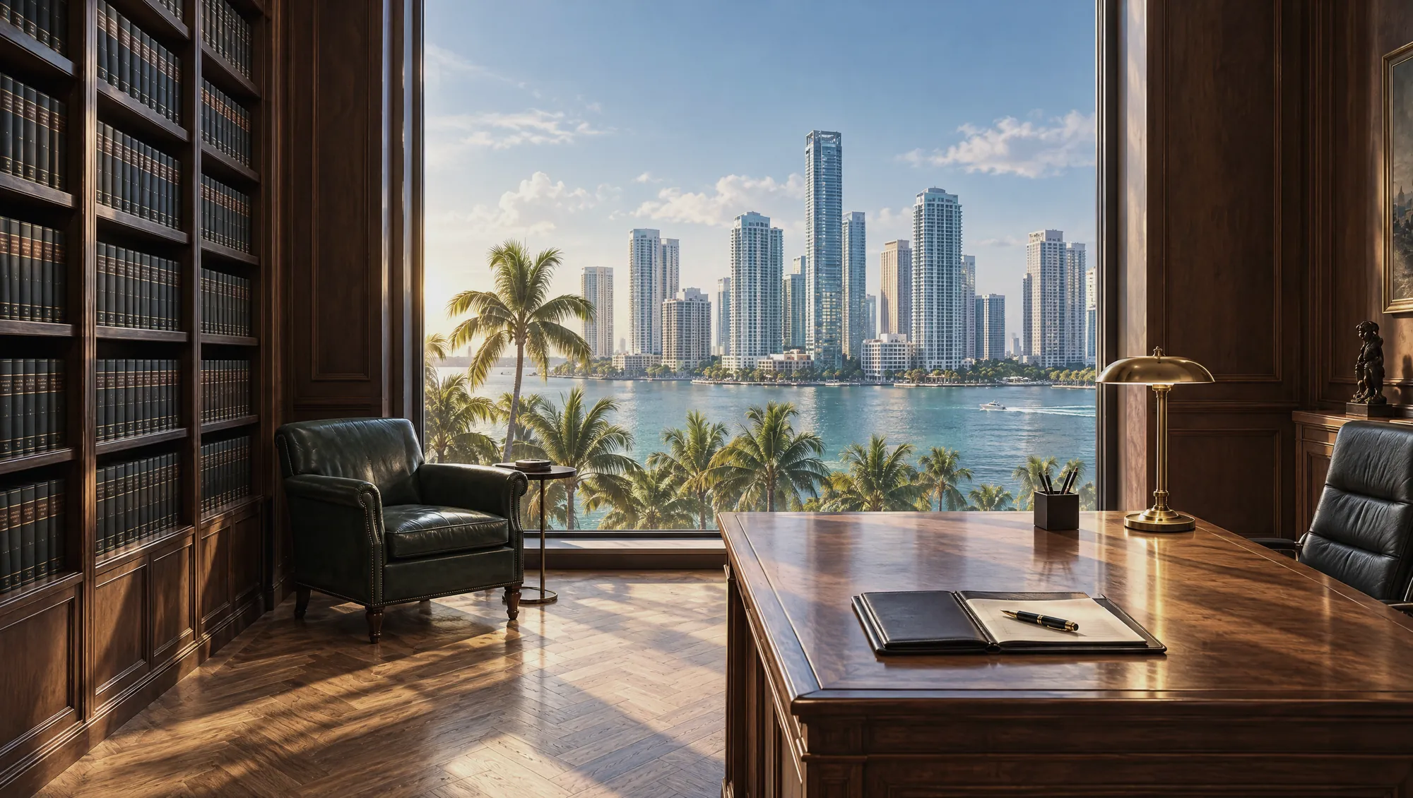 Büro mit Bücherwand, Schreibtisch aus Nussholz und Blick auf die Skyline von Miami