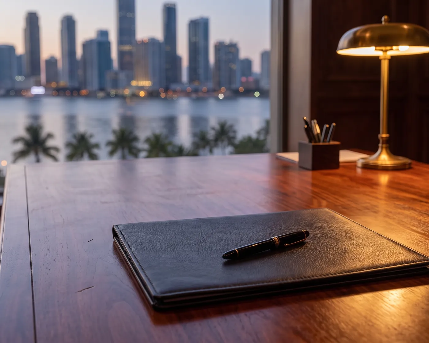 Ledermappe mit Füllfederhalter auf einem Schreibtisch vor einer Skyline, Strategie und Markteintritt