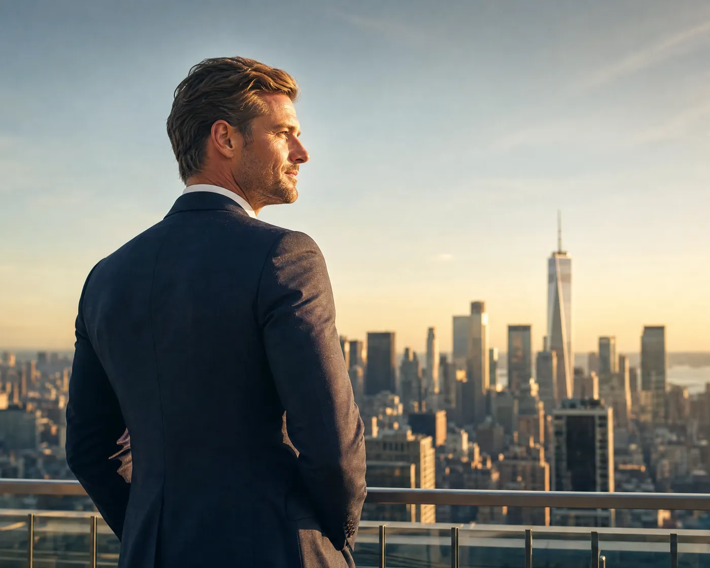 Mann im Anzug blickt von einer Dachterrasse über die Skyline von New York, Interim Management