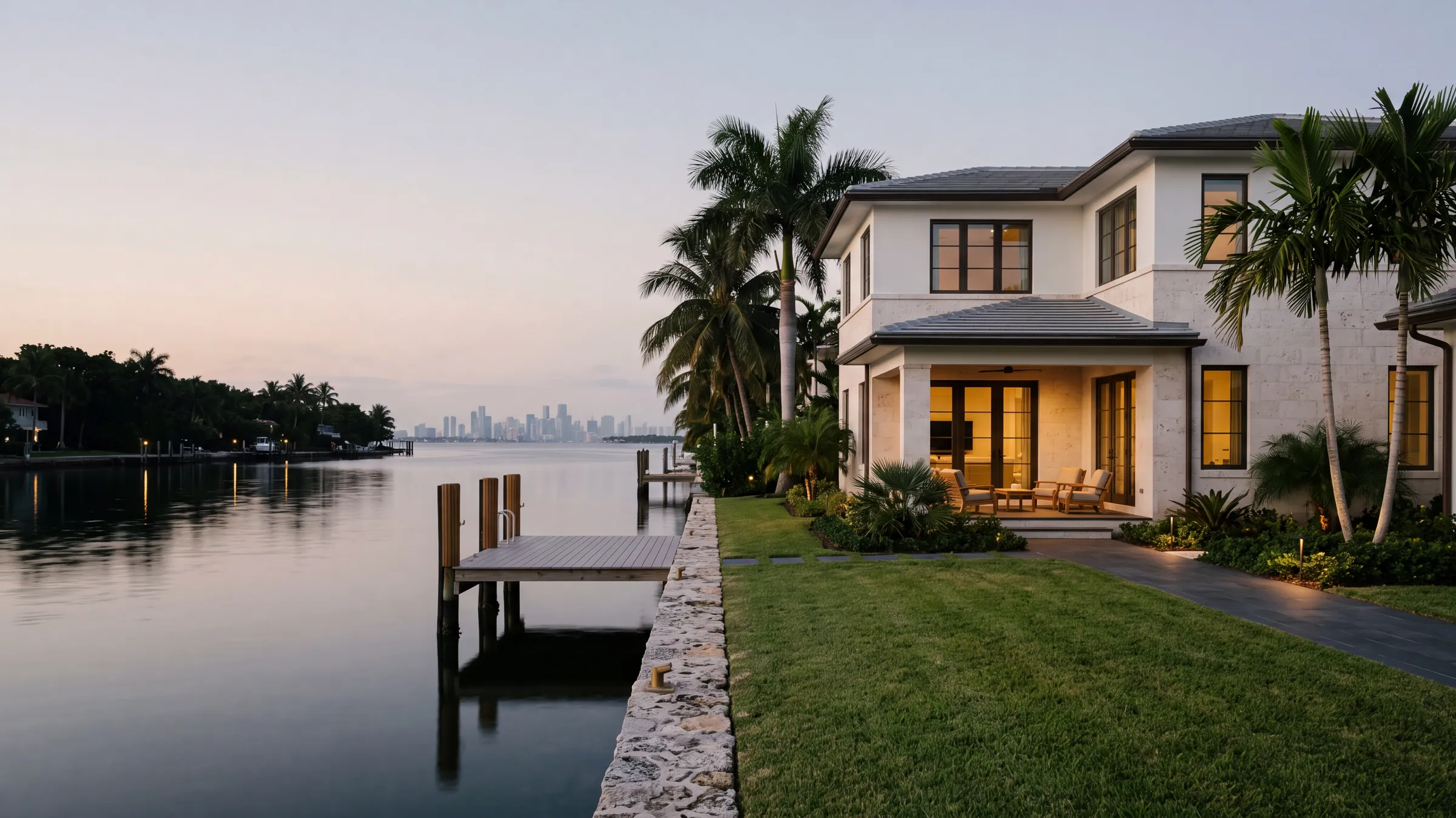 Haus am Wasser mit Steg und Palmen in Florida in der Abenddämmerung